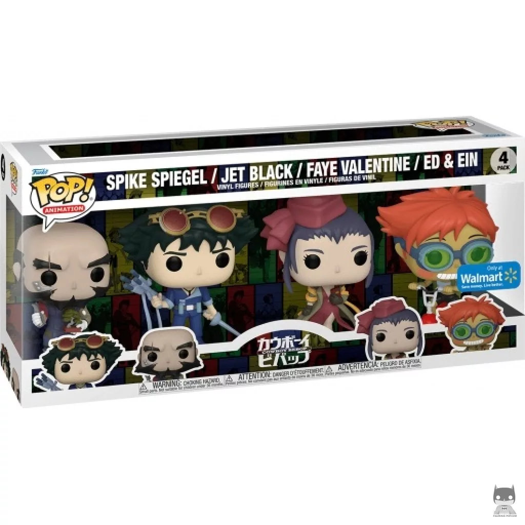 Figura Funko Pop! Spike Spiegel, Jet Black, Faye Valentine, Ed & Ein en scooter en su caja
