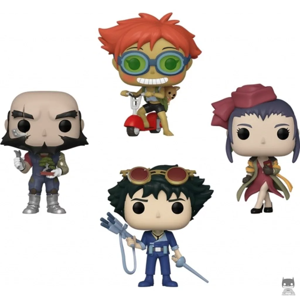 Figura Funko Pop! Spike Spiegel, Jet Black, Faye Valentine, Ed & Ein en scooter (Cowboy Bebop)