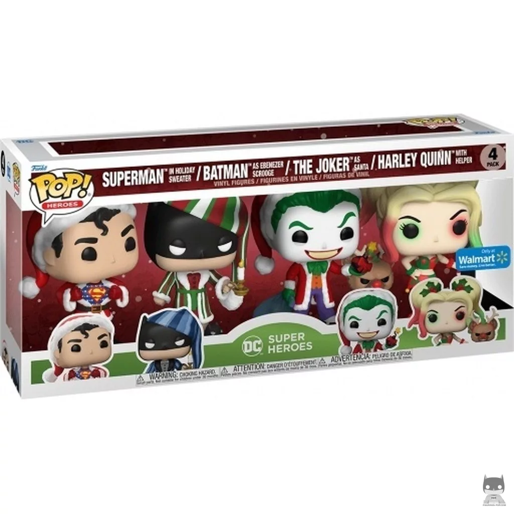 Figura Funko Pop! Superman con jersey navideño, Batman como Ebenezer Scrooge, Joker como Papá Noel & Harley Quinn con ayudante en su caja