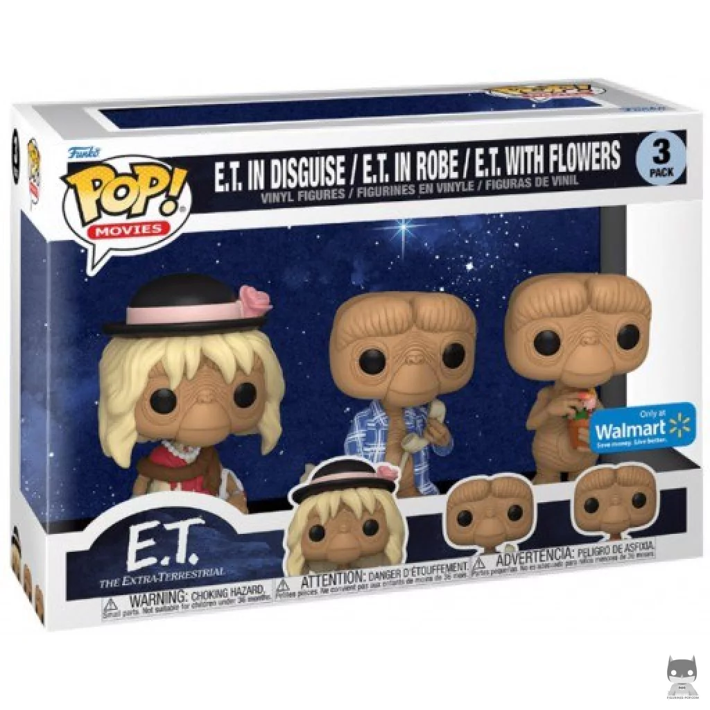 Figura Funko Pop! E.T. disfrazado, E.T. con bata & E.T. con flores en su caja