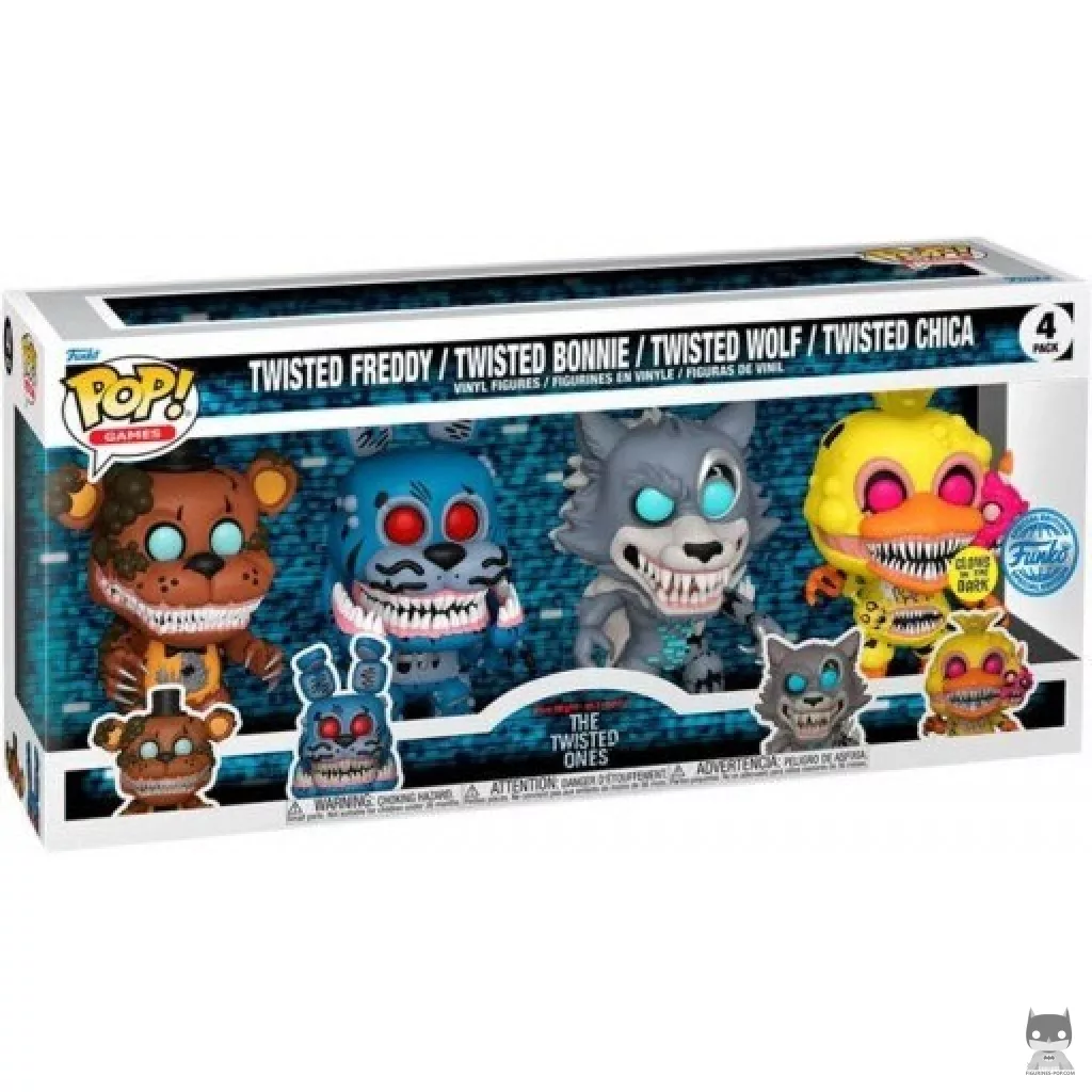 Figura Funko Pop! Twisted Freddy, Bonnie, Wolf & Chica (Brilla en la oscuridad) en su caja