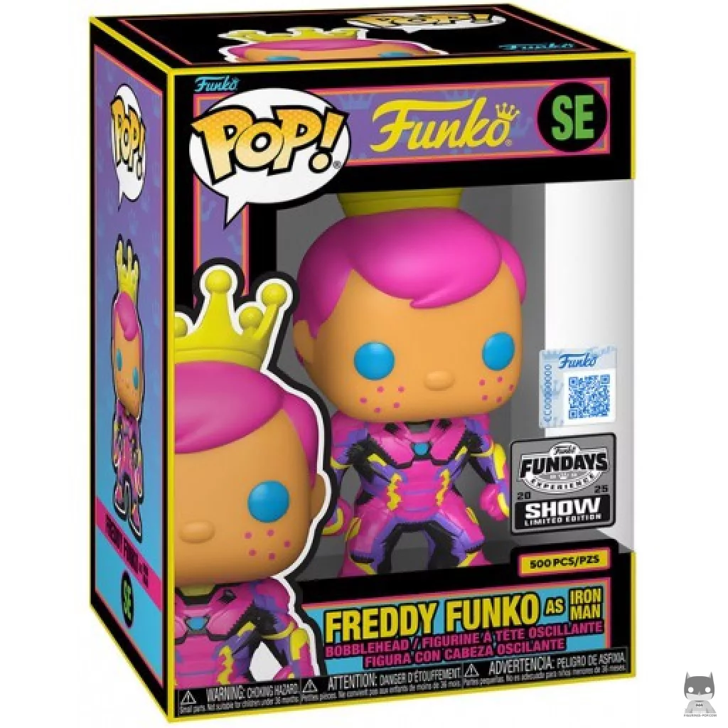 Figura Funko Pop! Freddy Funko como Iron Man (Luz negra) en su caja