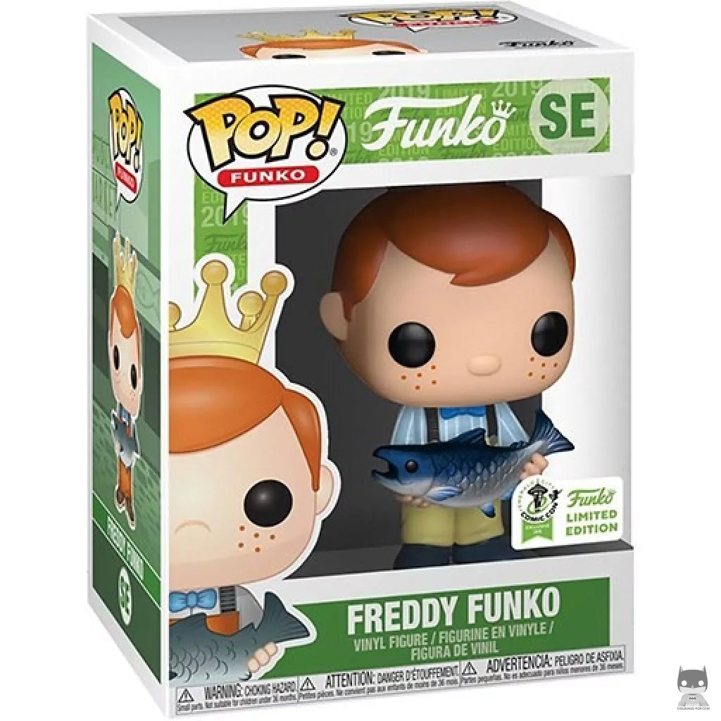 Figura Funko Pop! Freddy Funko con pez (Pantalones amarillos) en su caja