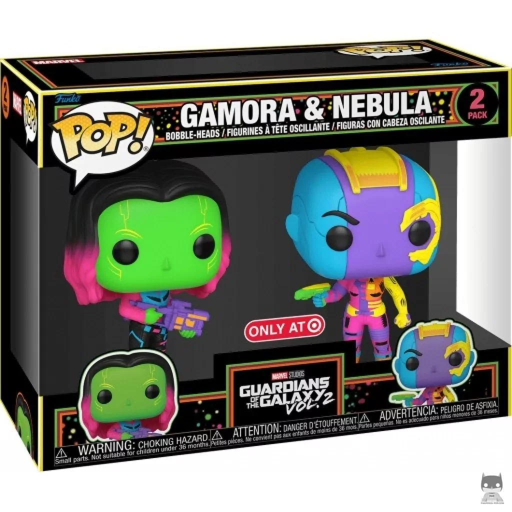 Figura Funko Pop! Gamora & Nebula (Luz negra) en su caja