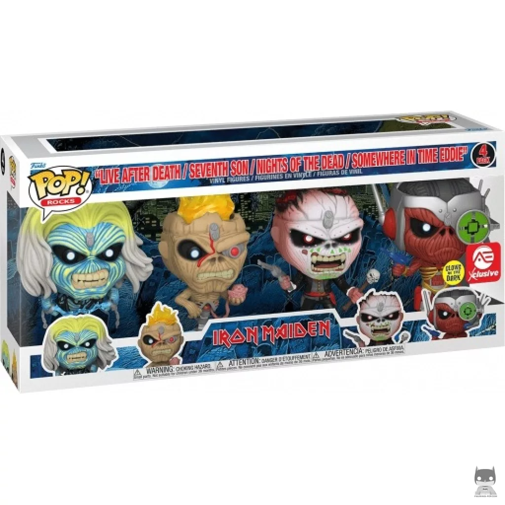 Figura Funko Pop! Live After Death, Seventh Son, Night Of The Dead & Somewhere In Time Eddie (Brilla en la oscuridad) en su caja