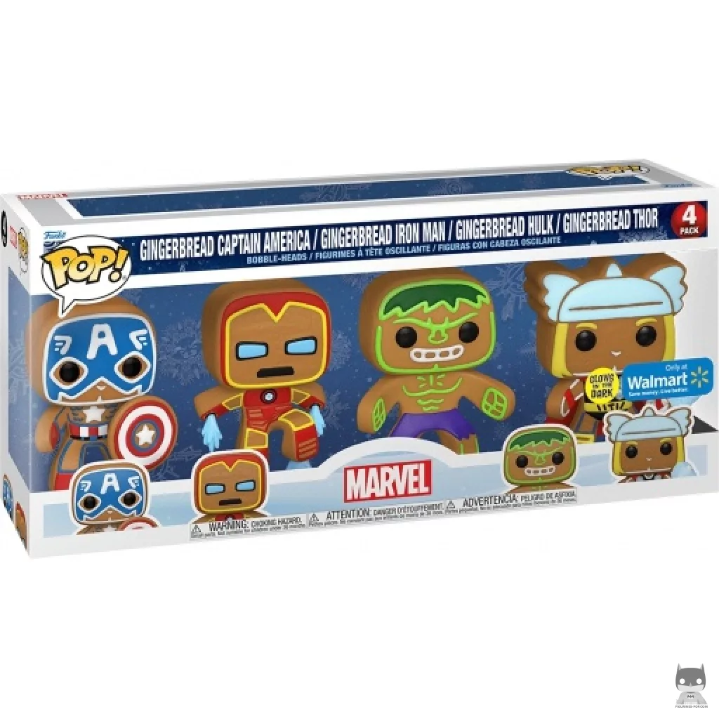 Figura Funko Pop! Capitán América, Iron Man, Hulk & Thor de jengibre (Brilla en la oscuridad) en su caja