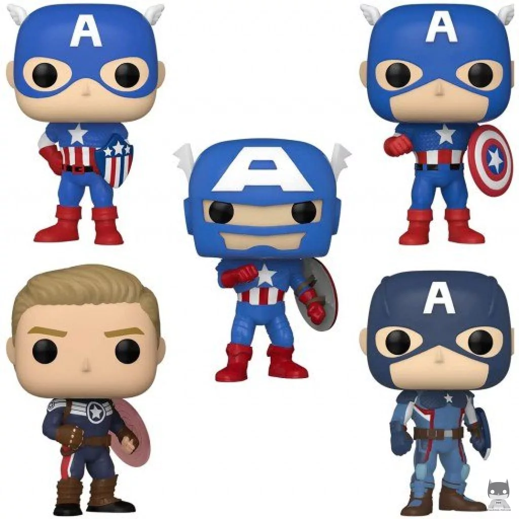 Figura Funko Pop! Capitán América: Pack A través de los años (Cap vintage, The Captain, Cap con exotraje, Cap director de S.H.I.E.L.D. & Capitán América moderno) (Marvel Comics)