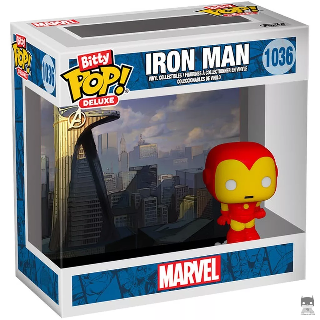 Figura Funko Pop! Iron Man (Torre de los Vengadores) en su caja