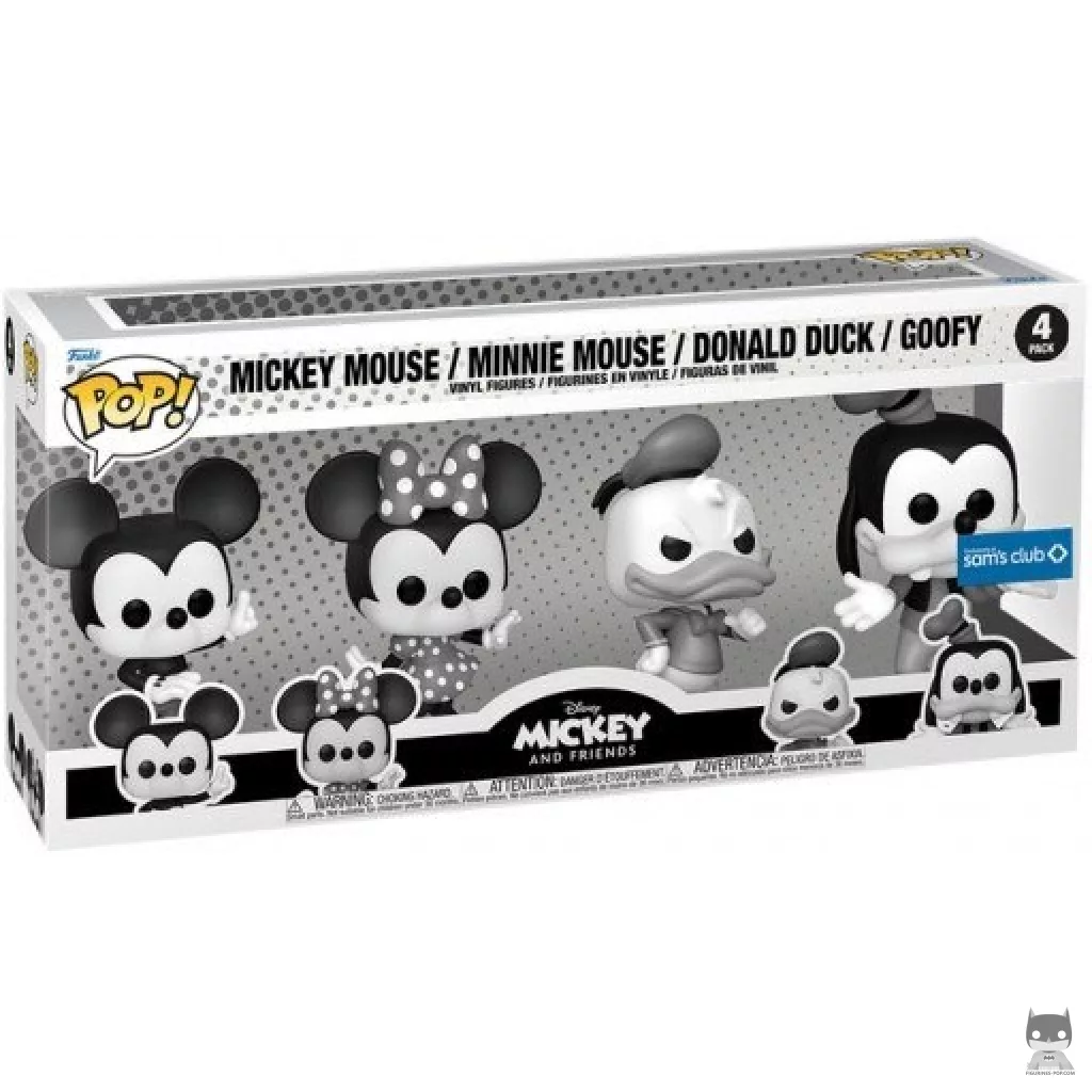 Figura Funko Pop! Mickey Mouse, Minnie Mouse, Pato Donald & Goofy (Blanco y negro) en su caja
