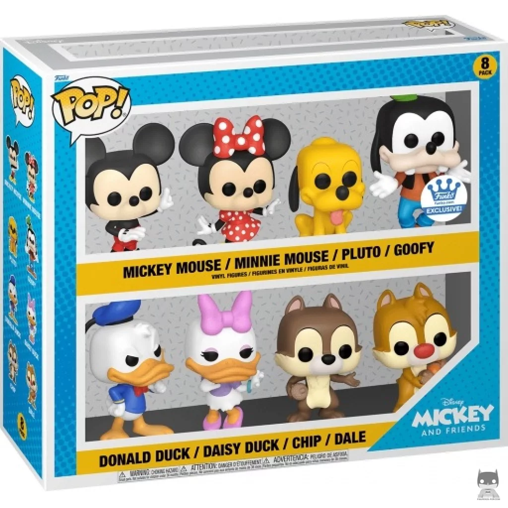 Figura Funko Pop! Mickey Mouse, Minnie Mouse, Pluto, Goofy, Pato Donald, Daisy & Chip y Chop en su caja