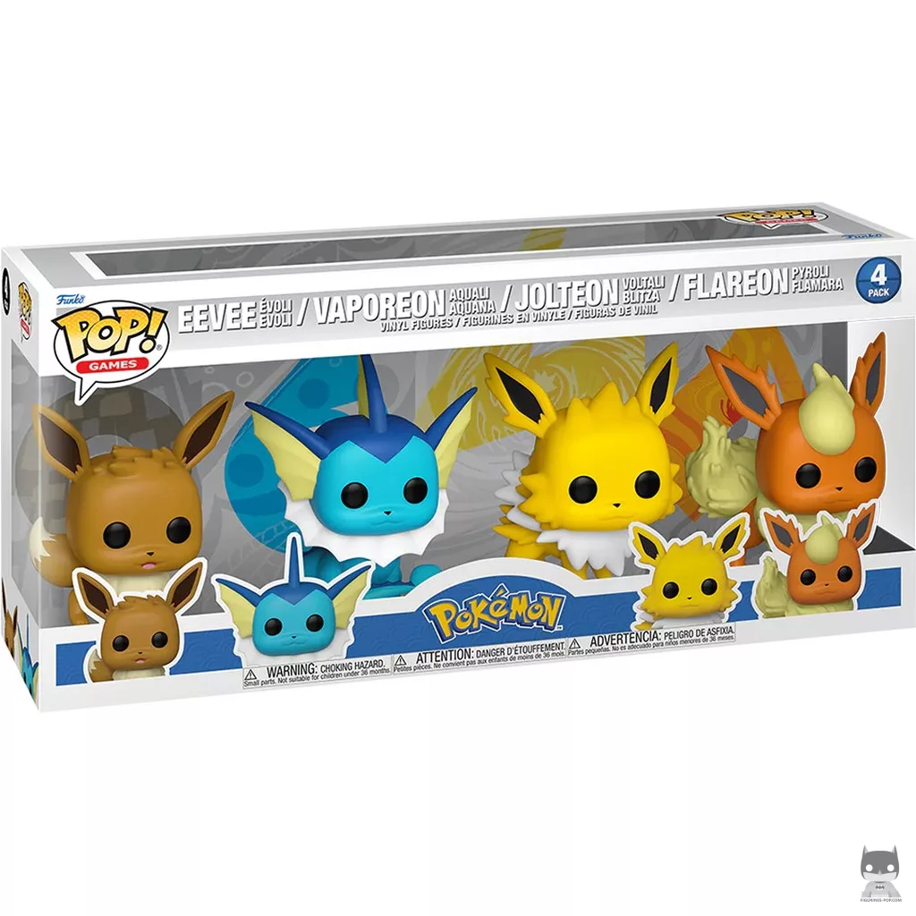 Figura Funko Pop! Eevee, Vaporeon, Jolteon & Flareon en su caja