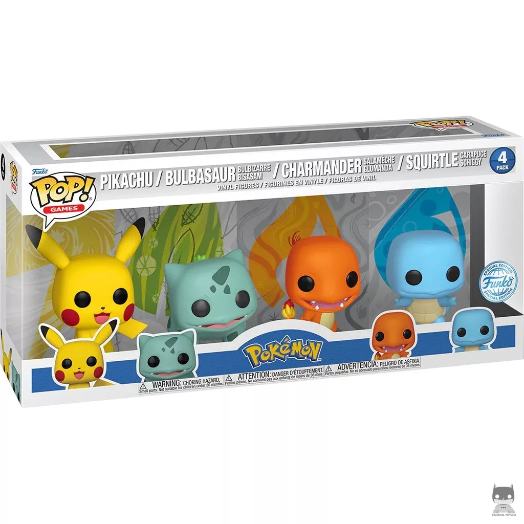 Figura Funko Pop! Pikachu, Bulbasaur, Charmander & Squirtle (Iniciales) en su caja