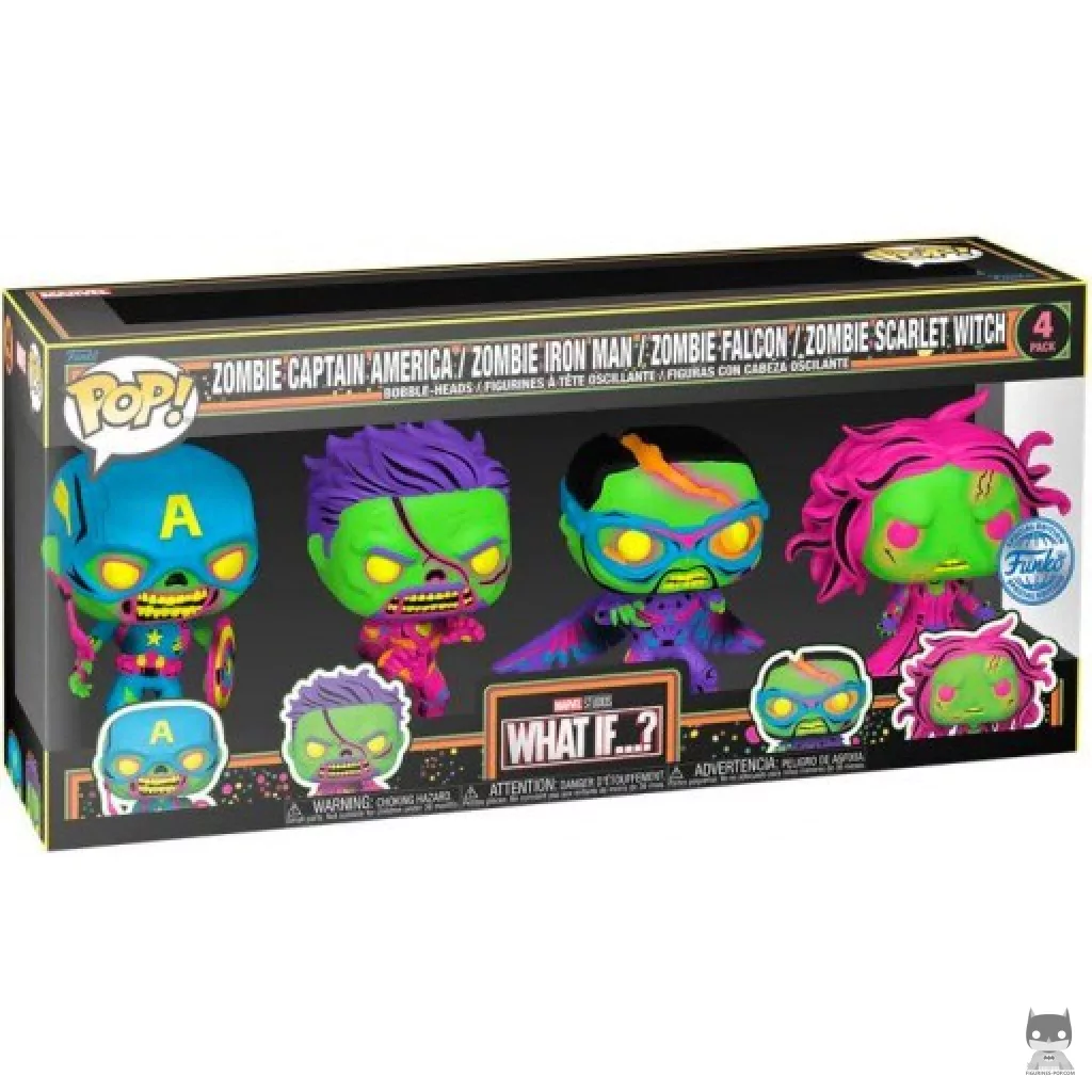 Figura Funko Pop! Capitán América zombi, Iron Man zombi, Halcón zombi & Bruja Escarlata zombi (Luz negra) en su caja