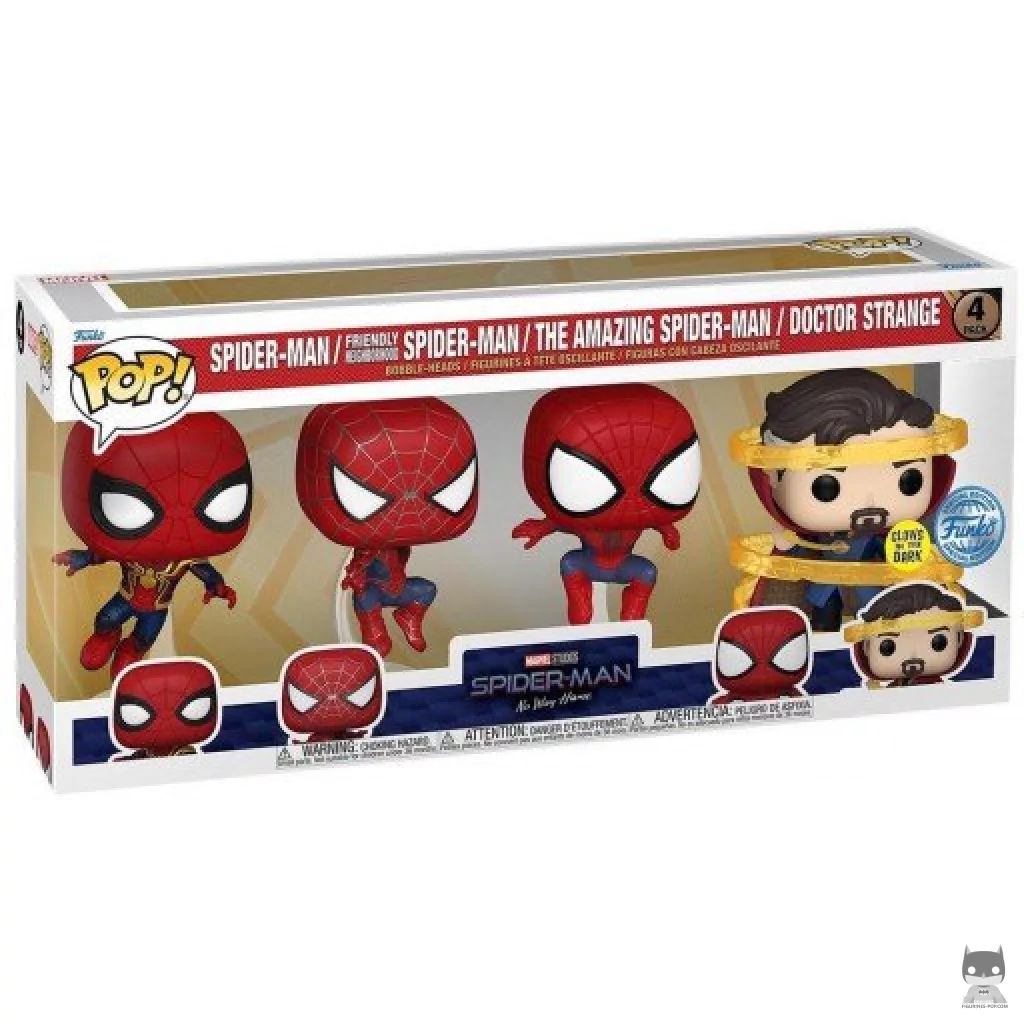 Figura Funko Pop! 3 Spider-Man (Tom Holland, Andrew Garfield & Tobey Maguire) & Doctor Strange (Brilla en la oscuridad) en su caja