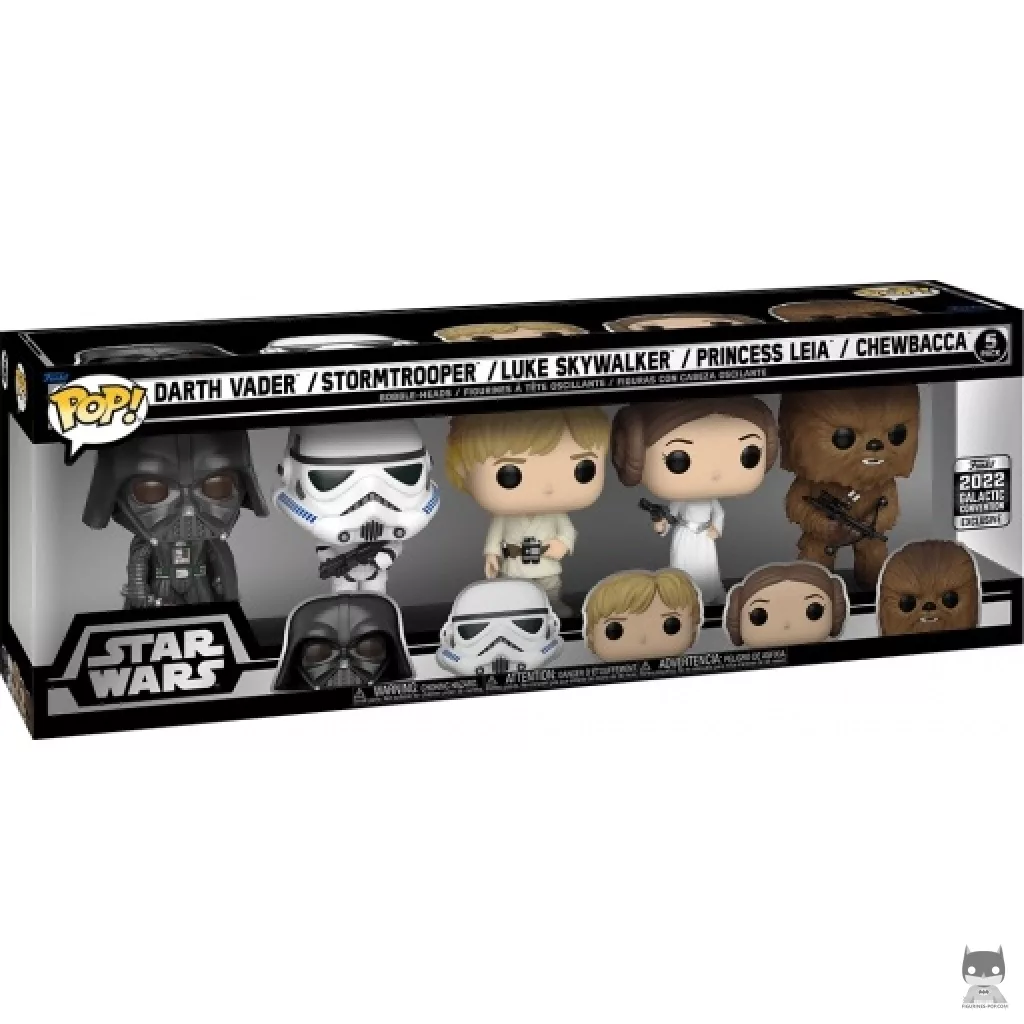 Figura Funko Pop! Darth Vader, Stormtrooper, Luke Skywalker, Princesa Leia & Chewbacca en su caja