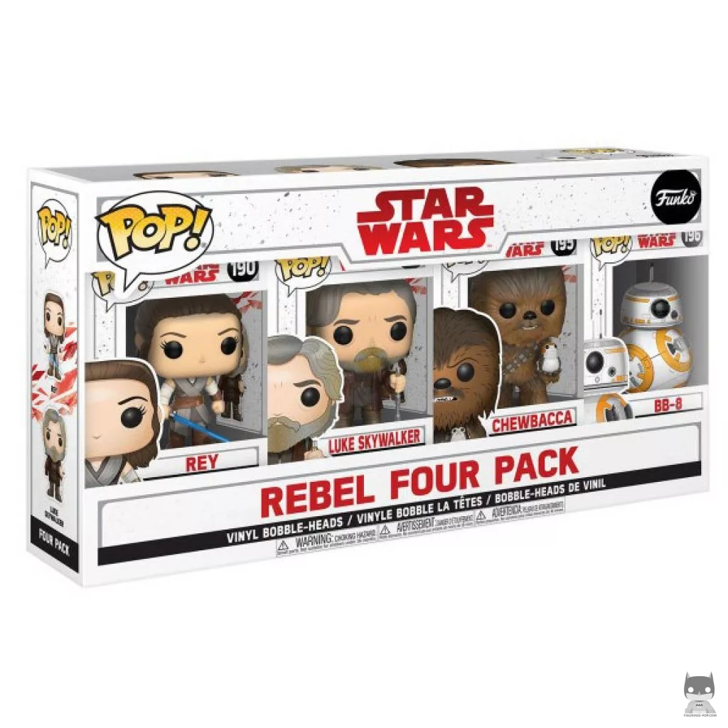 Figura Funko Pop! Los buenos (Rey, Luke Skywalker, Chewbacca & BB-8) en su caja