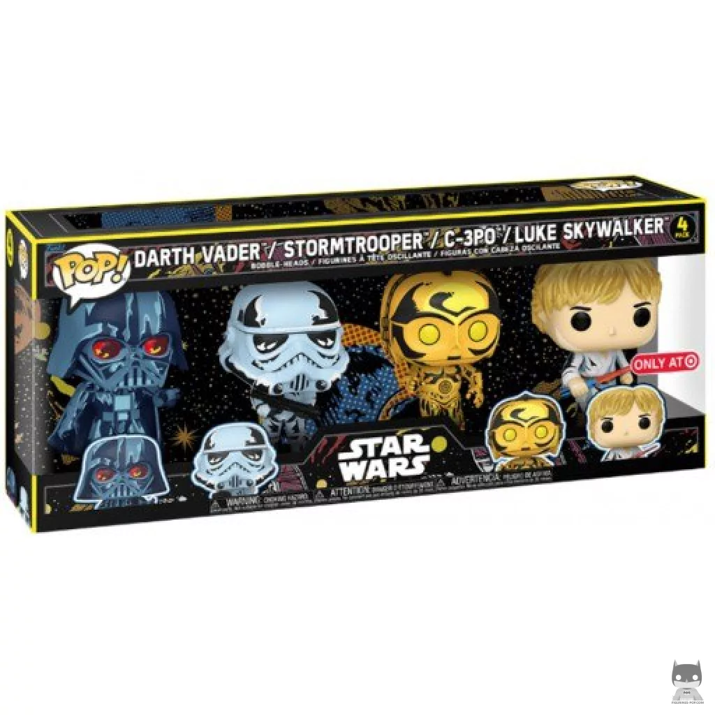 Figura Funko Pop! Darth Vader, Luke Skywalker, C-3PO & Stormtrooper en su caja