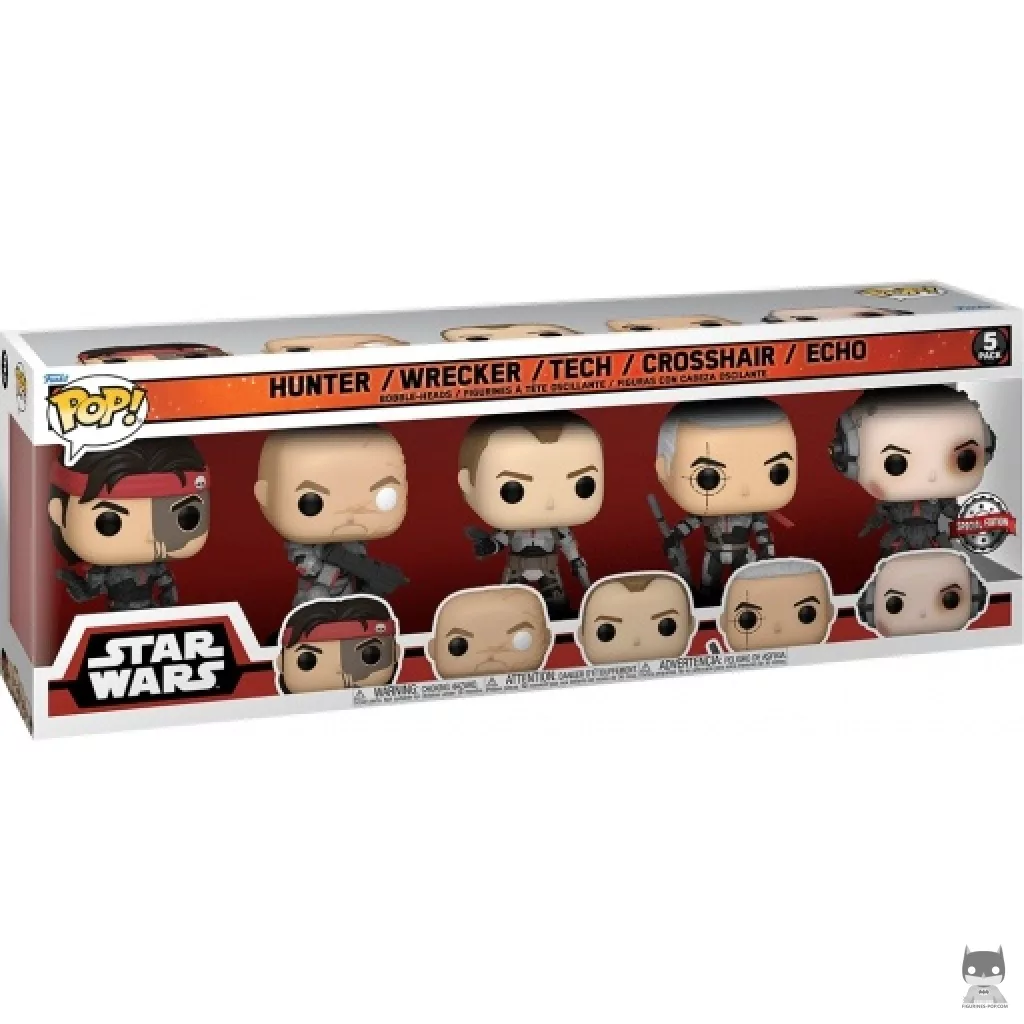 Figura Funko Pop! Pack Star Wars: La Remesa Mala (Hunter, Wrecker, Tech, Crosshair & Echo) en su caja
