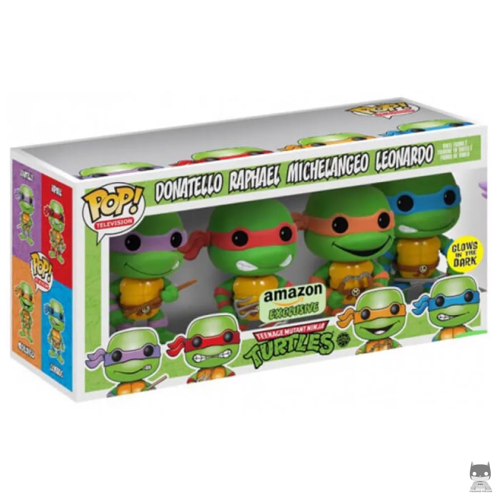 Figura Funko Pop! Donatello, Rafael, Miguel Ángel & Leonardo (Brilla en la oscuridad + pack de 4) en su caja
