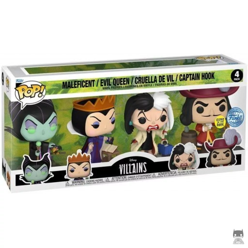 Figura Funko Pop! Maléfica, Reina Malvada, Cruella de Vil & Capitán Garfio en su caja