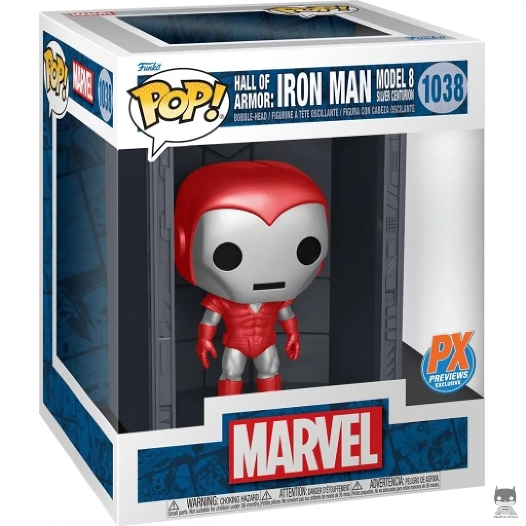 Figura Funko Pop! Sala de las Armaduras: Iron Man Modelo 8 Silver Centurion (Metalizado) en su caja