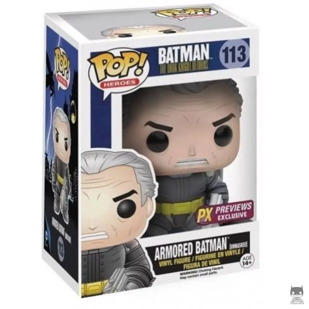 Figura Funko Pop! Batman con armadura sin máscara en su caja