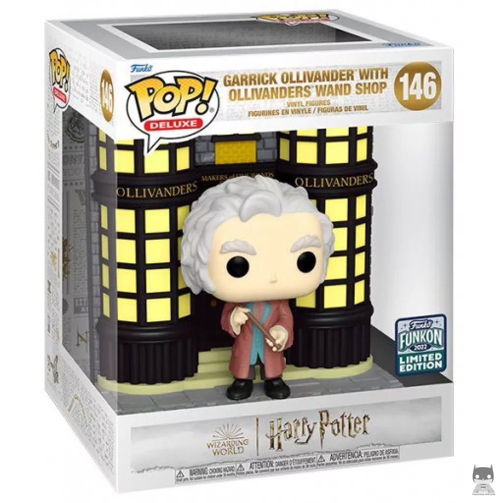 Figura Funko Pop! Garrick Ollivander con la tienda de varitas Ollivander (Callejón Diagon) en su caja