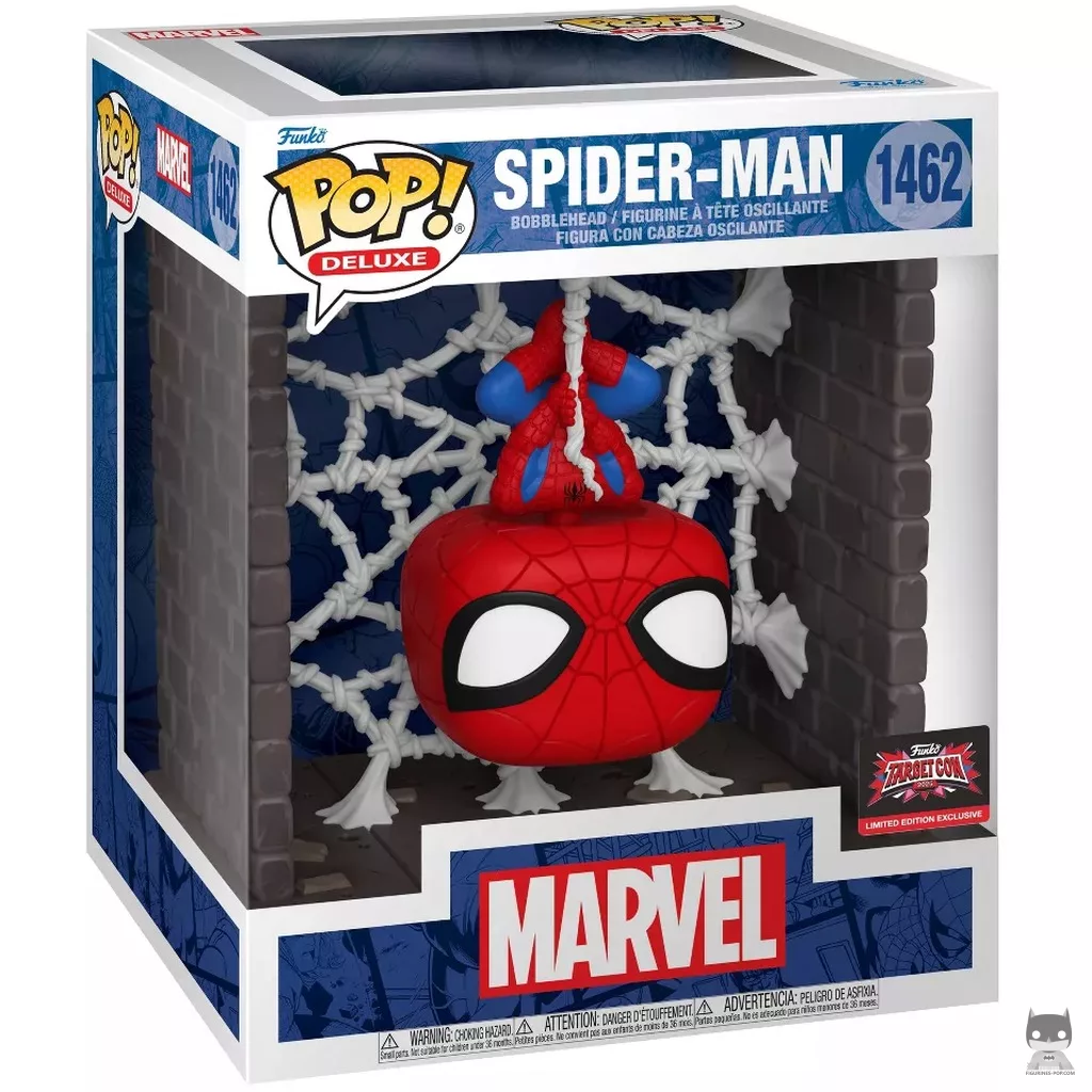 Figura Funko Pop! Spider-Man colgado de la telaraña (Deluxe) en su caja