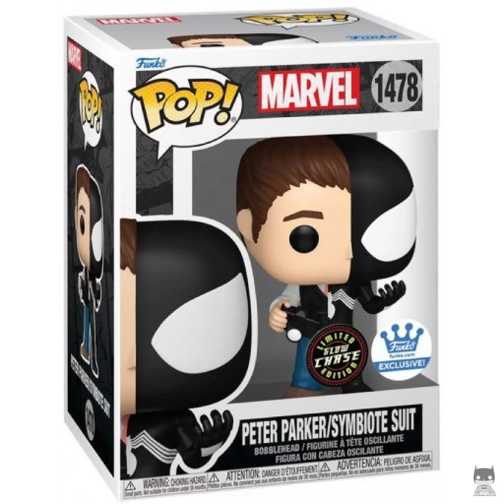 Figura Funko Pop! Peter Parker / Traje simbionte (Chase & Brilla en la oscuridad) en su caja