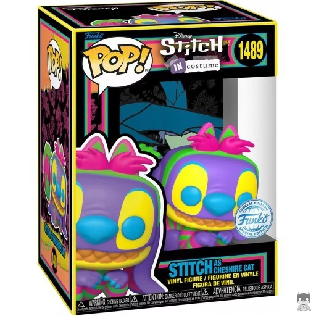 Figura Funko Pop! Stitch como Gato de Cheshire (Luz negra) en su caja