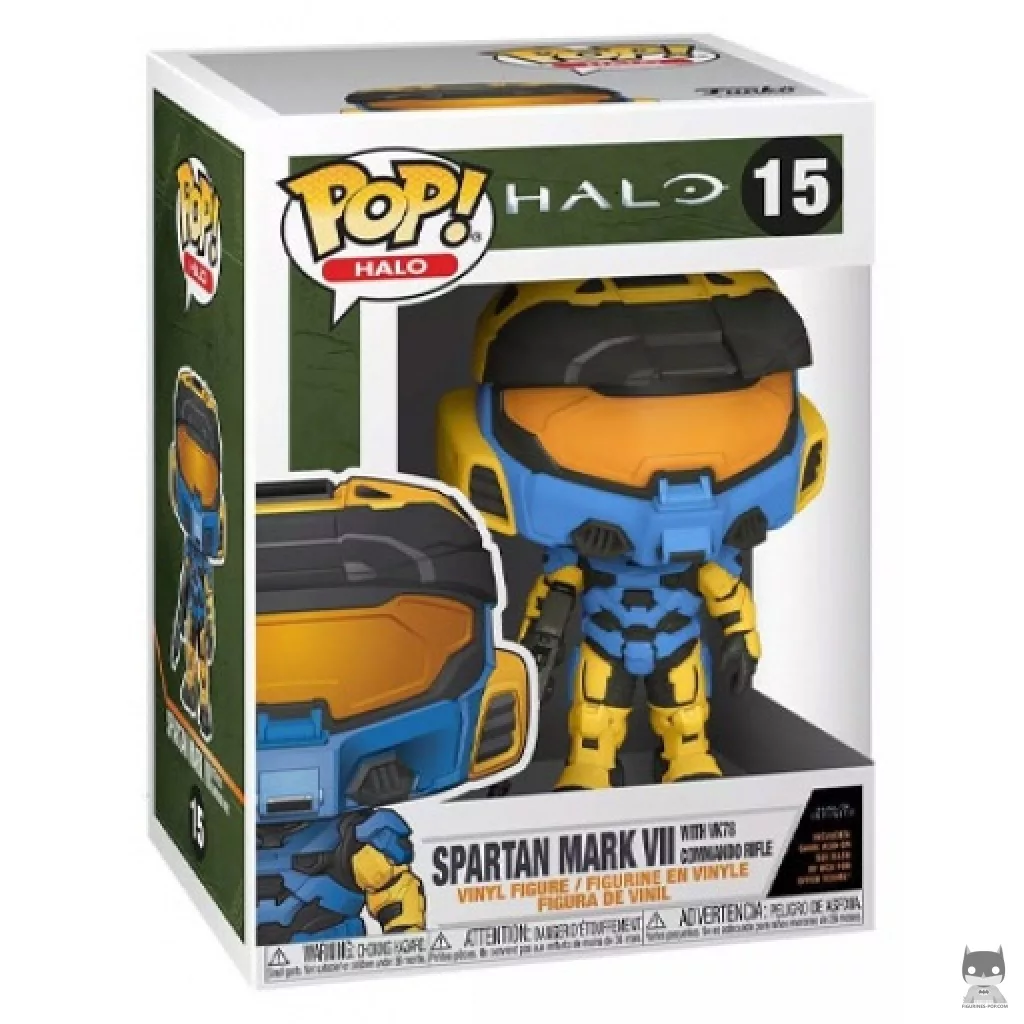 Figura Funko Pop! Spartan Mark VII con fusil Commando VK78 (Azul) en su caja