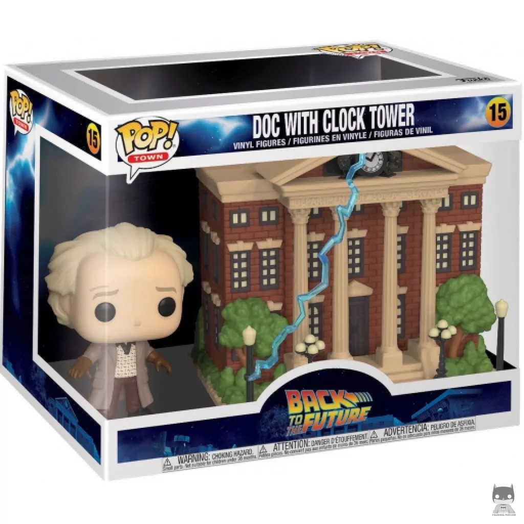 Figura Funko Pop! Doc con la torre del reloj en su caja