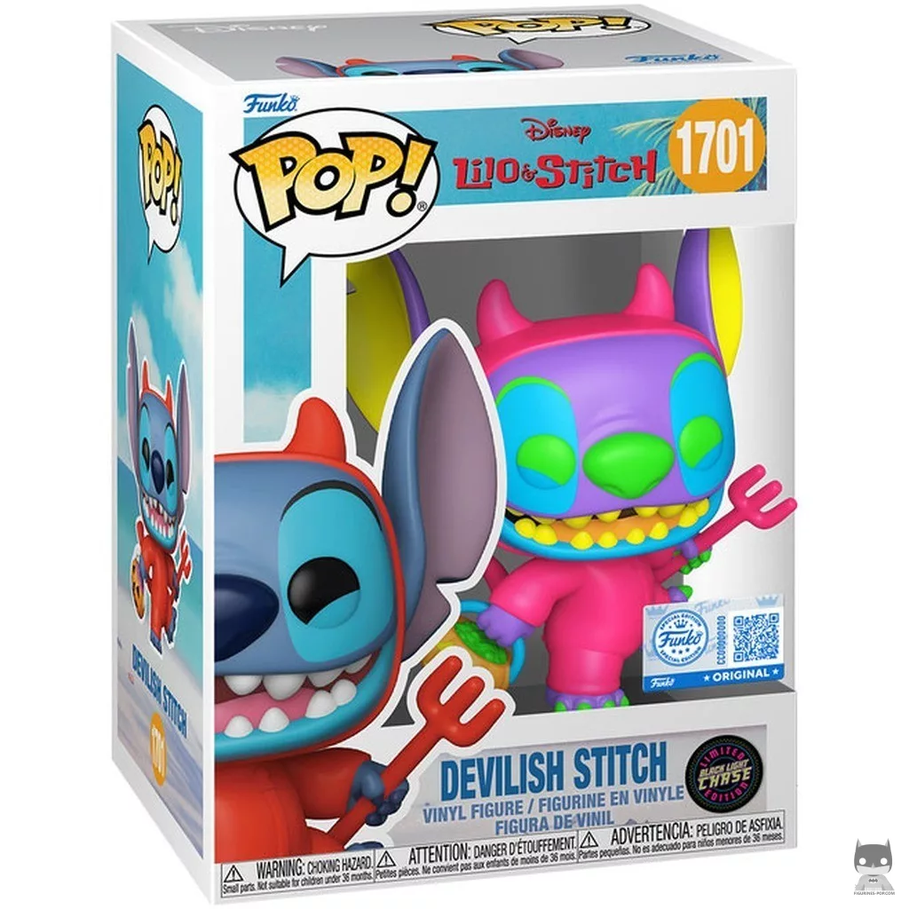 Figura Funko Pop! Stitch diabólico (Chase & Luz negra) en su caja