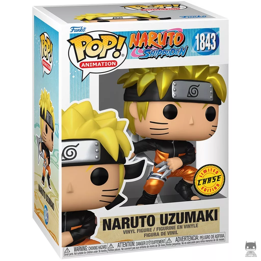 Figura Funko Pop! Naruto Uzumaki con kunai & shuriken (Chase & Metalizado) en su caja