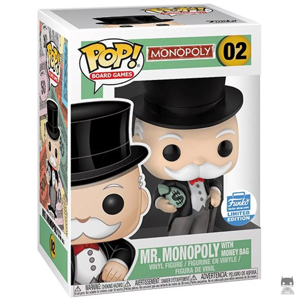 Figura Funko Pop! Mr. Monopoly con bolsa de dinero en su caja