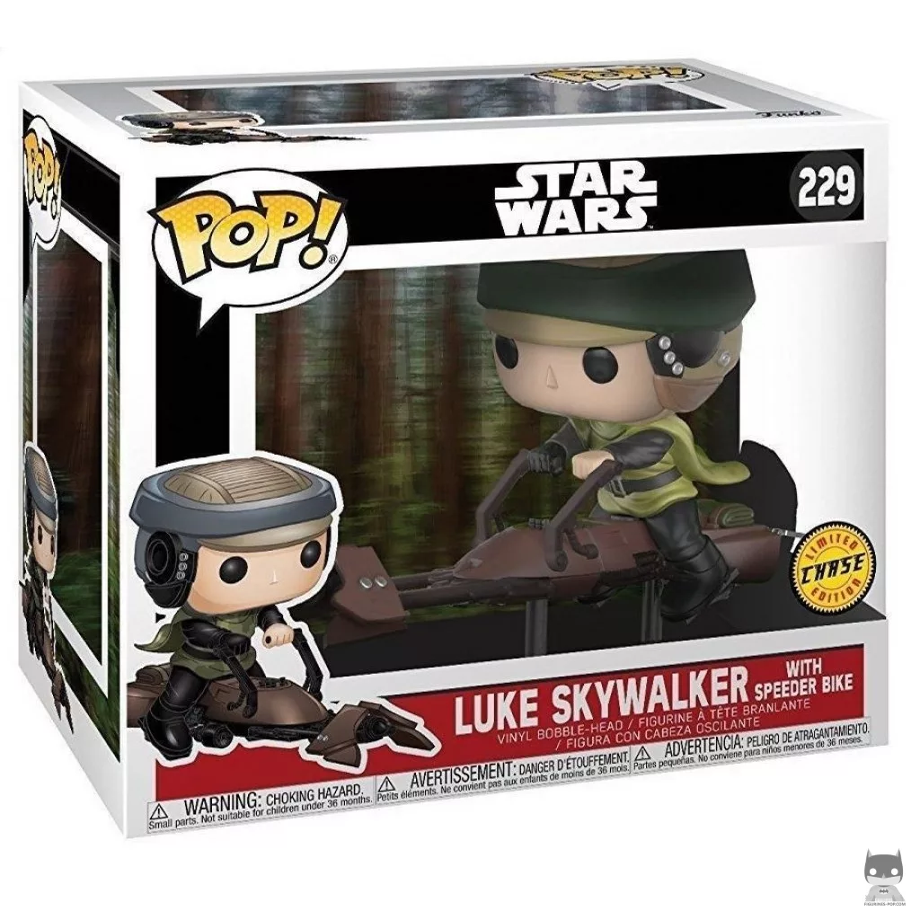 Figura Funko Pop! Luke Skywalker con moto deslizadora (Chase) en su caja
