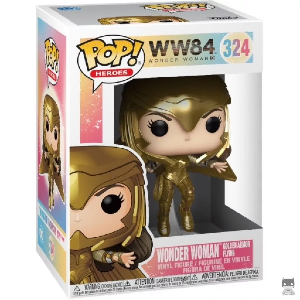 Figura Funko Pop! Wonder Woman armadura dorada volando (Metalizado) en su caja