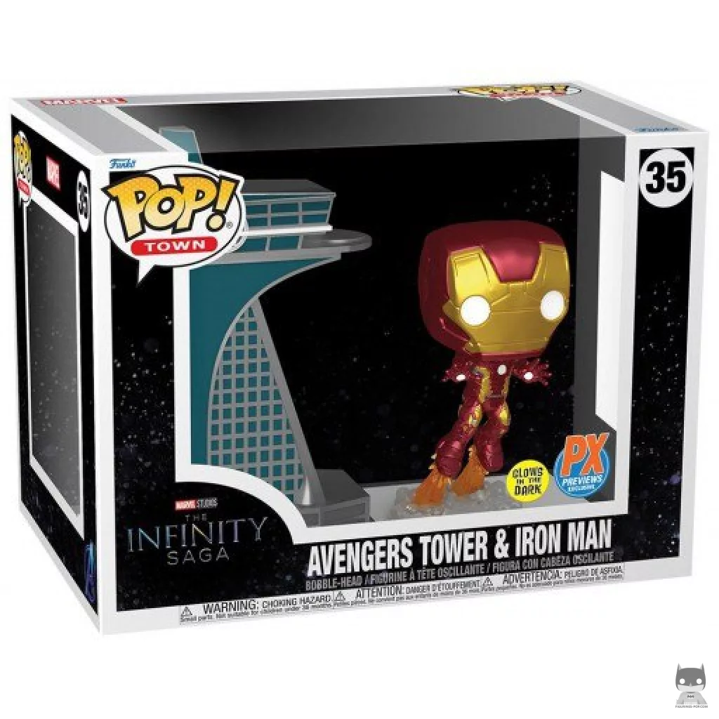 Figura Funko Pop! Torre de los Vengadores con Iron Man (Brilla en la oscuridad) en su caja