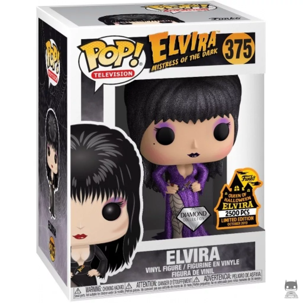 Figura Funko Pop! Elvira, reina de las tinieblas (Purpurina morada y diamante) en su caja