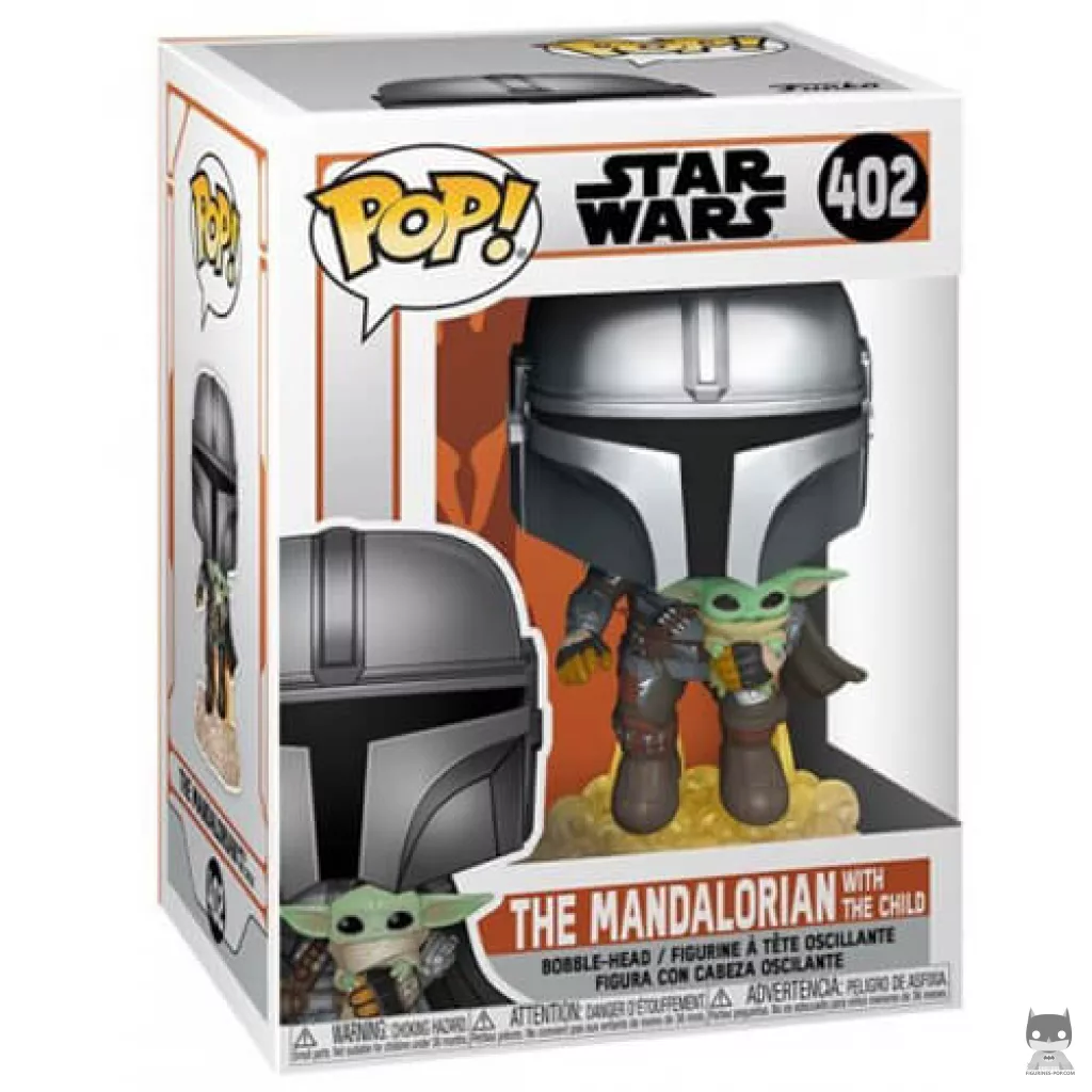 Figura Funko Pop! El Mandaloriano volando con mochila propulsora con El Niño en su caja