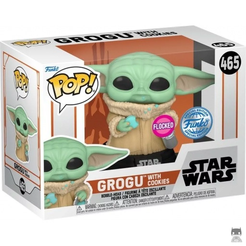 Figura Funko Pop! Grogu con galleta (Flocado) en su caja