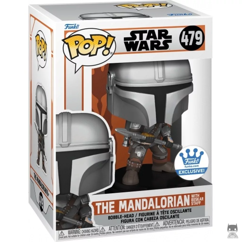 Figura Funko Pop! Mandaloriano con bastón de beskar en su caja