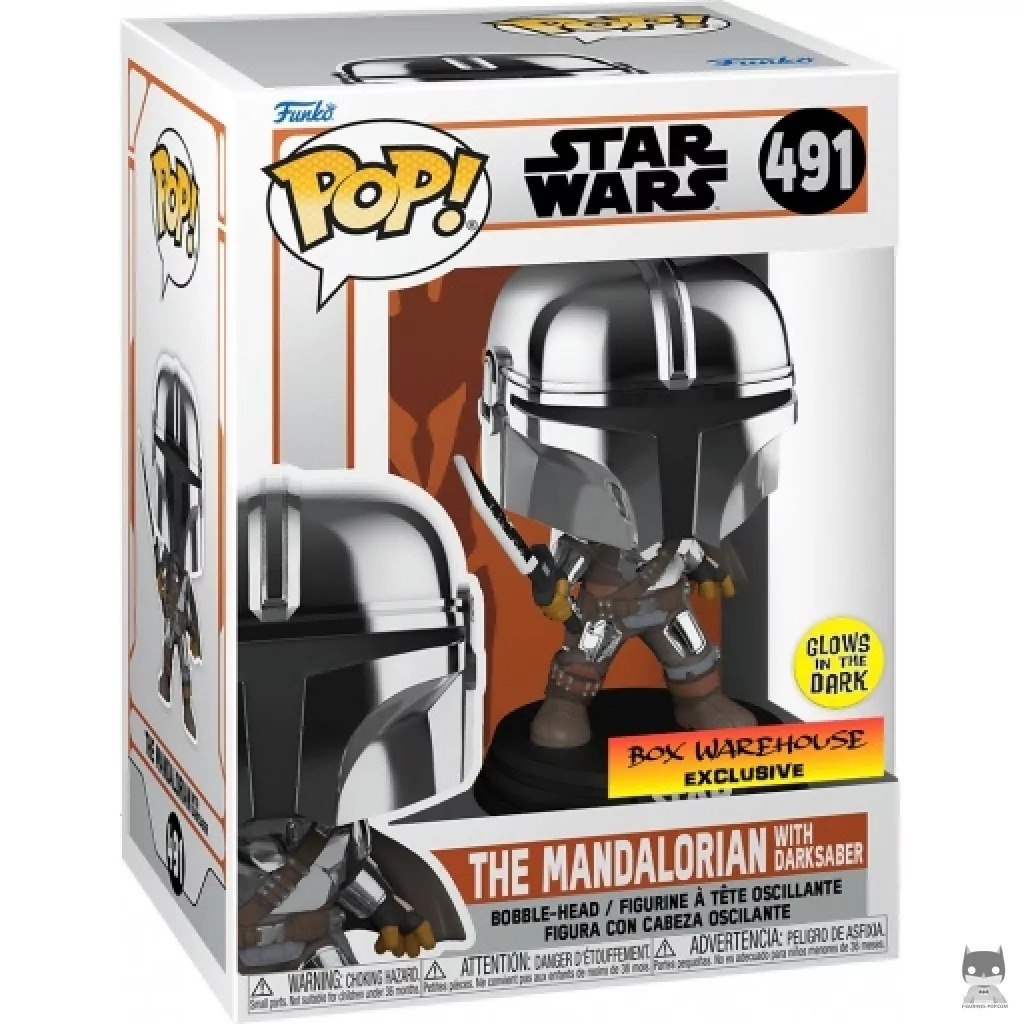 Figura Funko Pop! Mandaloriano con el Sable Oscuro (Brilla en la oscuridad & Metalizado) en su caja