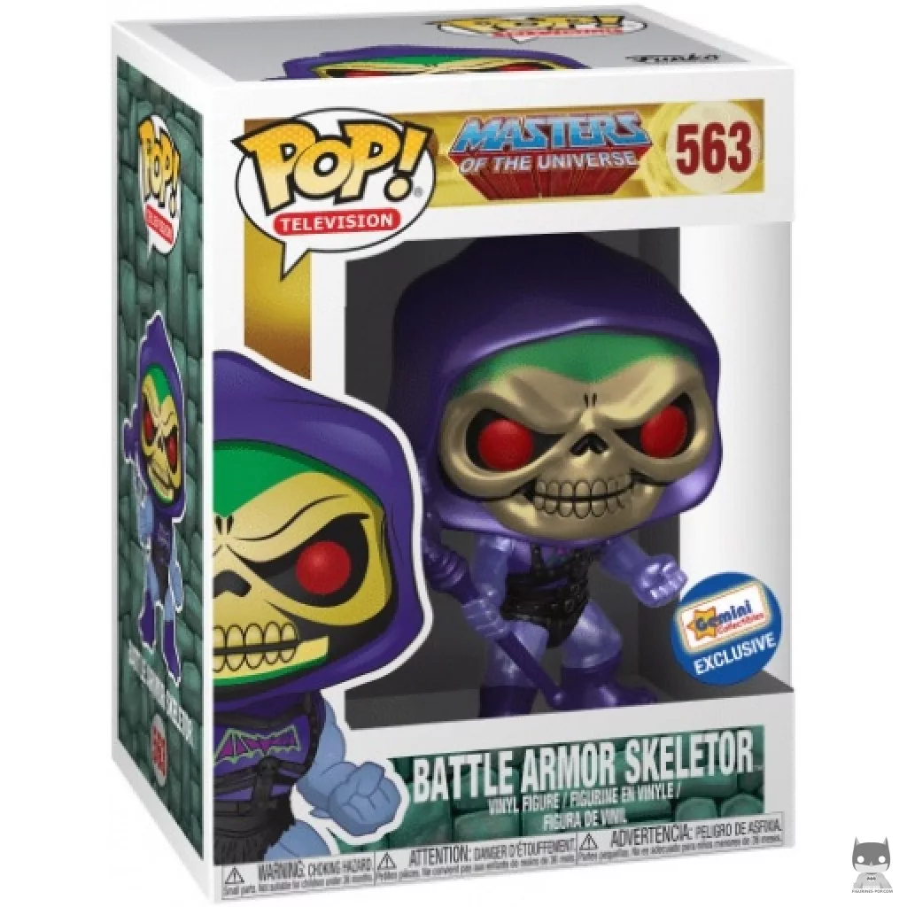 Figura Funko Pop! Skeletor con armadura de batalla (Metalizado) en su caja