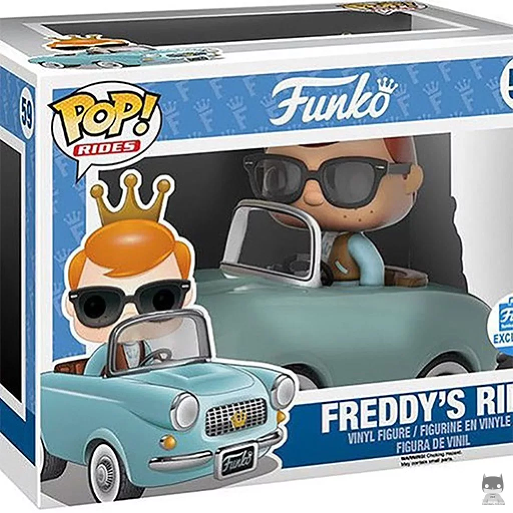 Figura Funko Pop! Freddy Funko con vehículo (Azul) en su caja