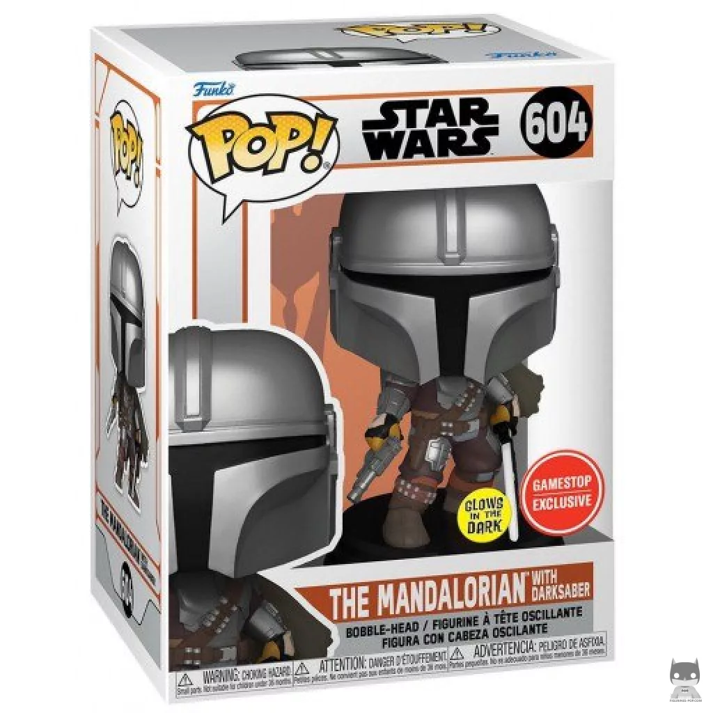 Figura Funko Pop! Mandaloriano con el Sable Oscuro (Brilla en la oscuridad) en su caja