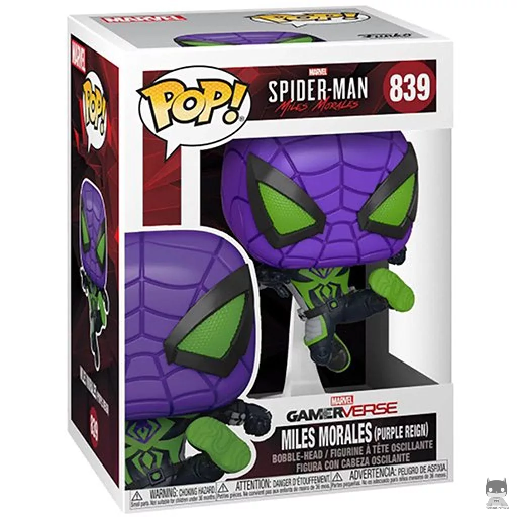 Figura Funko Pop! Miles Morales (Traje Purple Reign) (Metalizado) en su caja