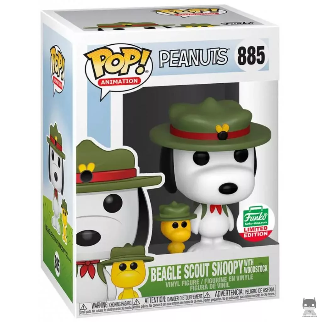 Figura Funko Pop! Snoopy Beagle Scout con Woodstock en su caja