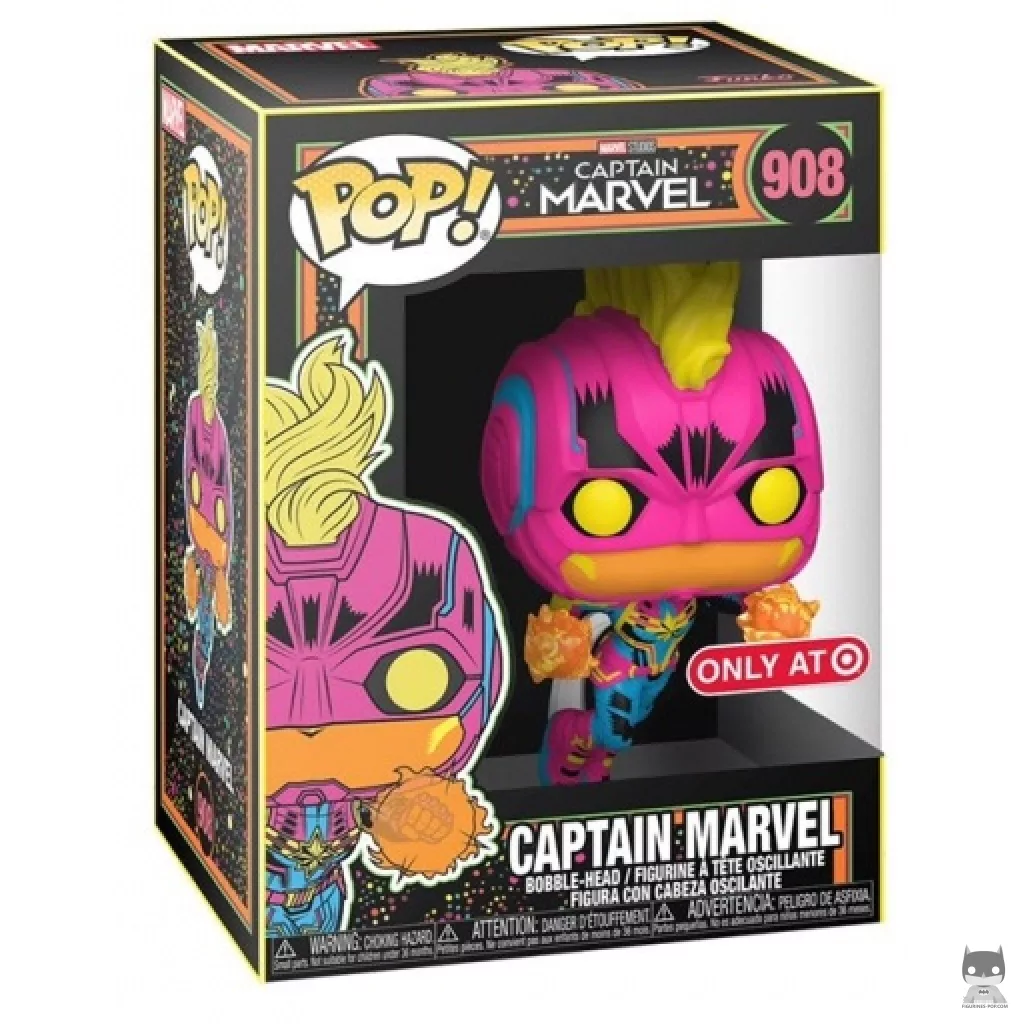 Figura Funko Pop! Capitana Marvel (Luz negra) en su caja