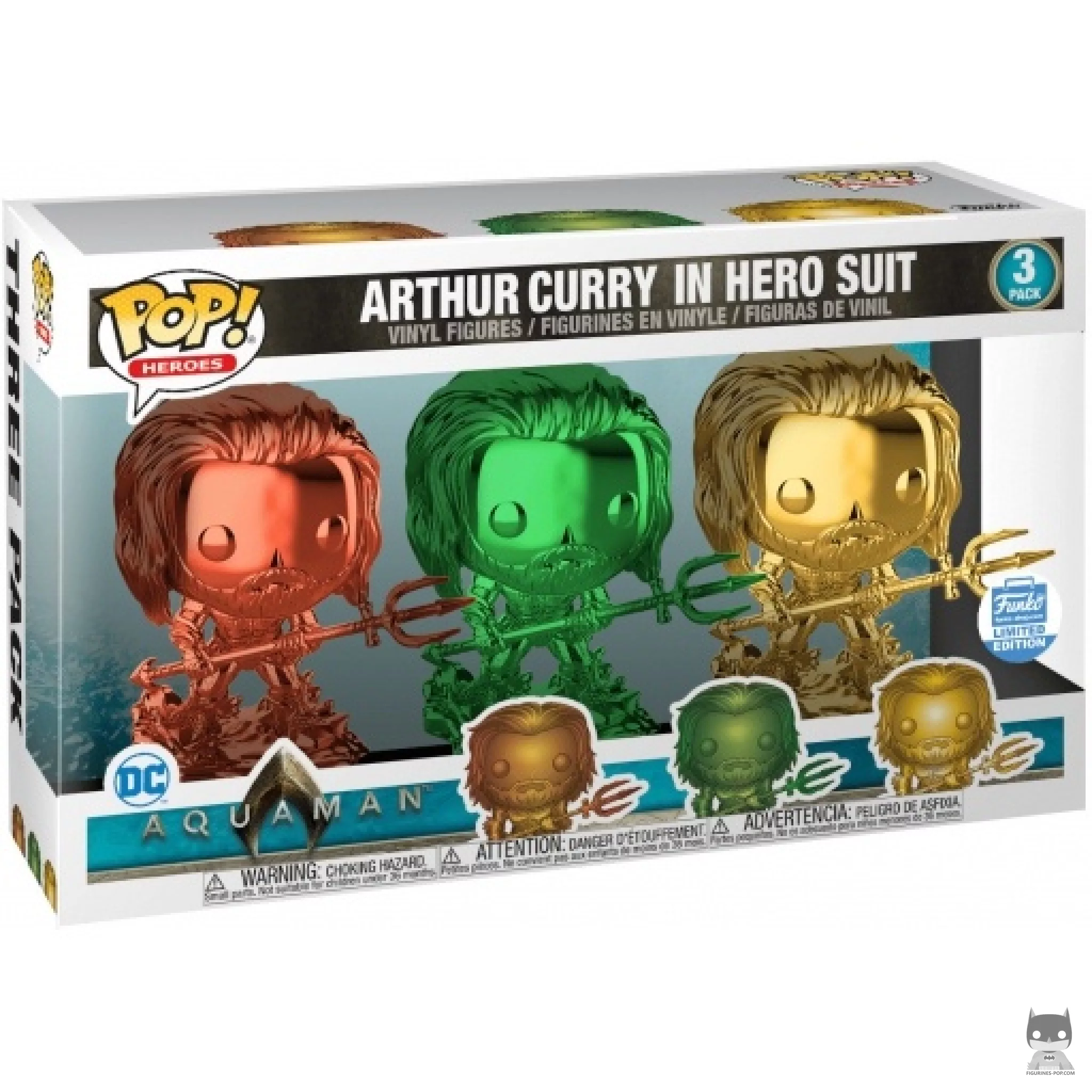 Figura Funko Pop! Arthur Curry con traje de héroe (Naranja, verde y dorado cromado) en su caja